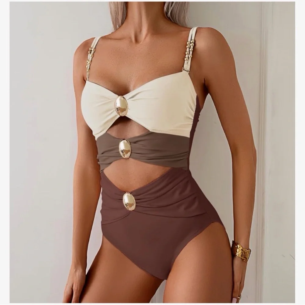 Stylish Cream and Brown Cutout Swimsuit